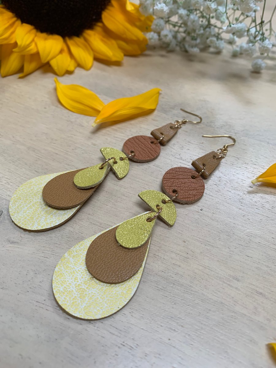 Leather earrings in yellows and tans