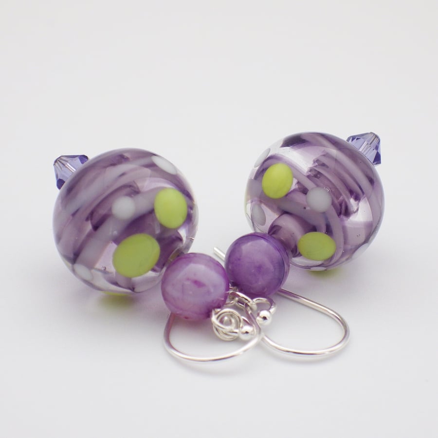 Swirling purple UK lampwork glass bead earrings with dyed purple agate