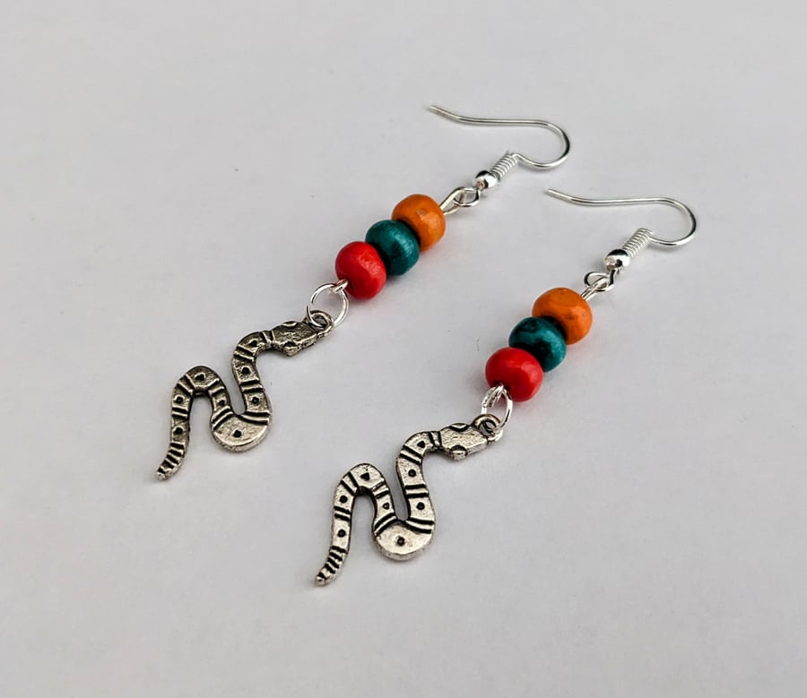 Snake earrings with multi coloured wooden beads