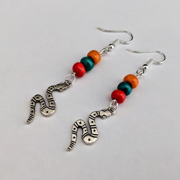 Snake earrings with multi coloured wooden beads