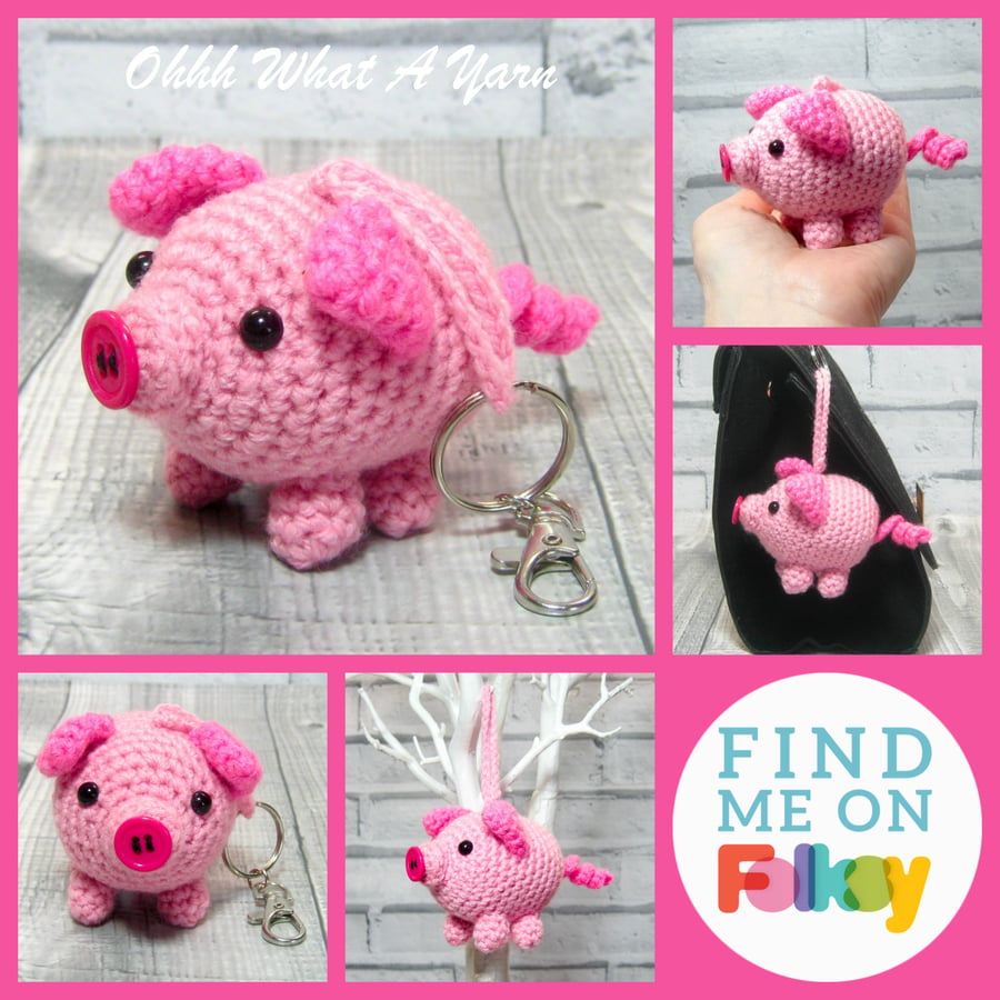 Crochet pink pig decoration, bag charm.