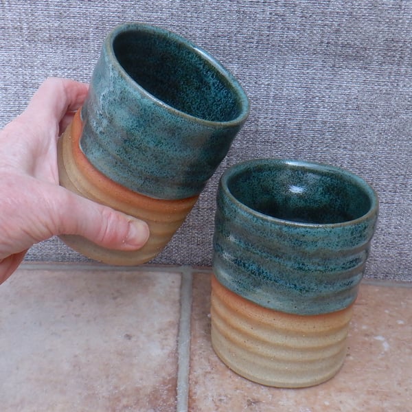 Pair of water or juice beaker tumbler wheel thrown in stoneware pottery handmade