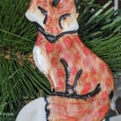 Sitting red fox decoration, hand painted porcelain bauble, unusual charming dec