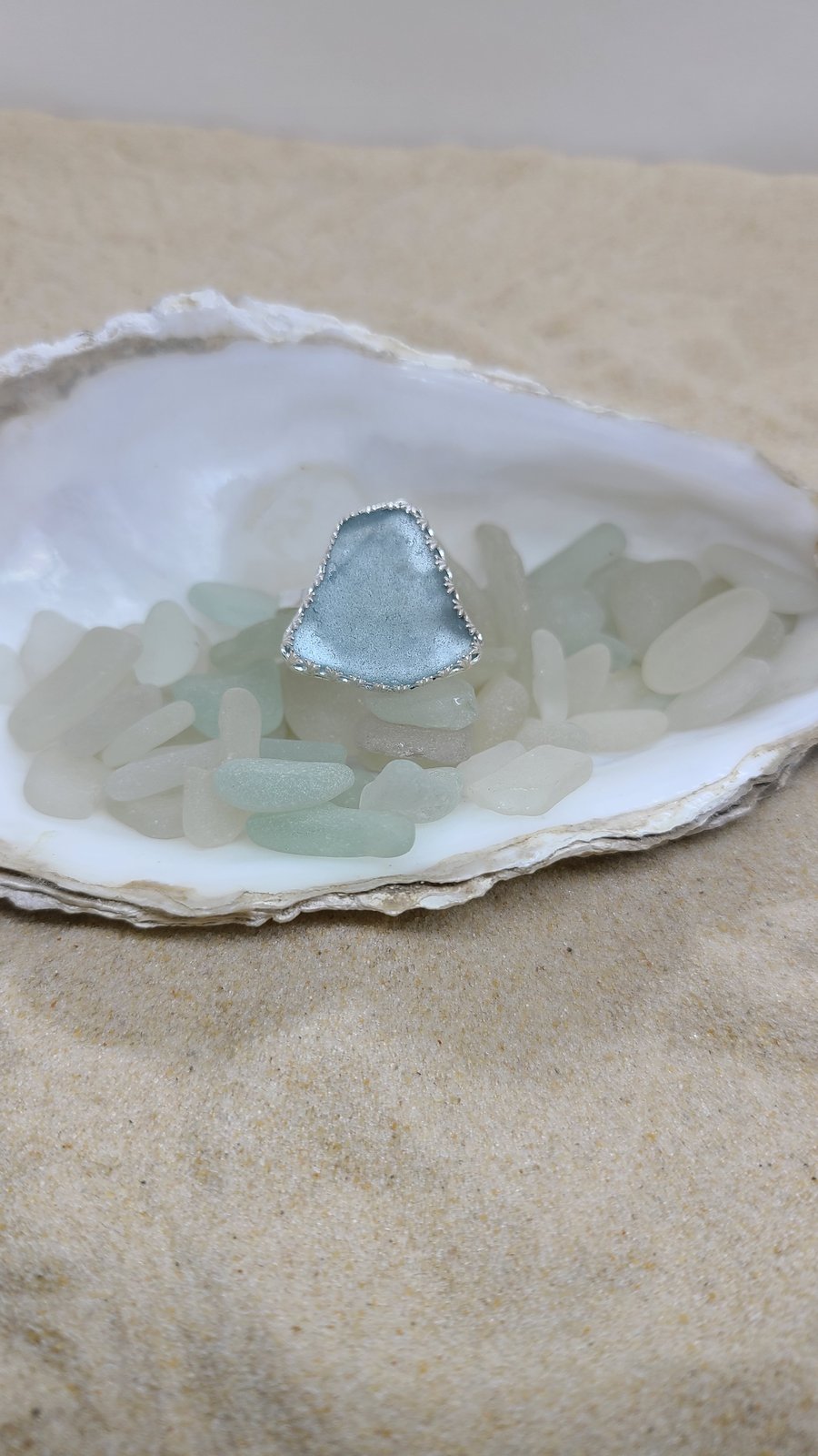 Pale ice blue sea glass and silver ring SG28