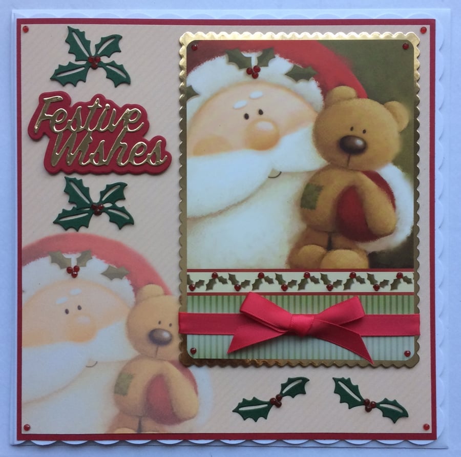 Christmas Card Festive Wishes Teddy Bear Santa Holly 3D Luxury Handmade Card