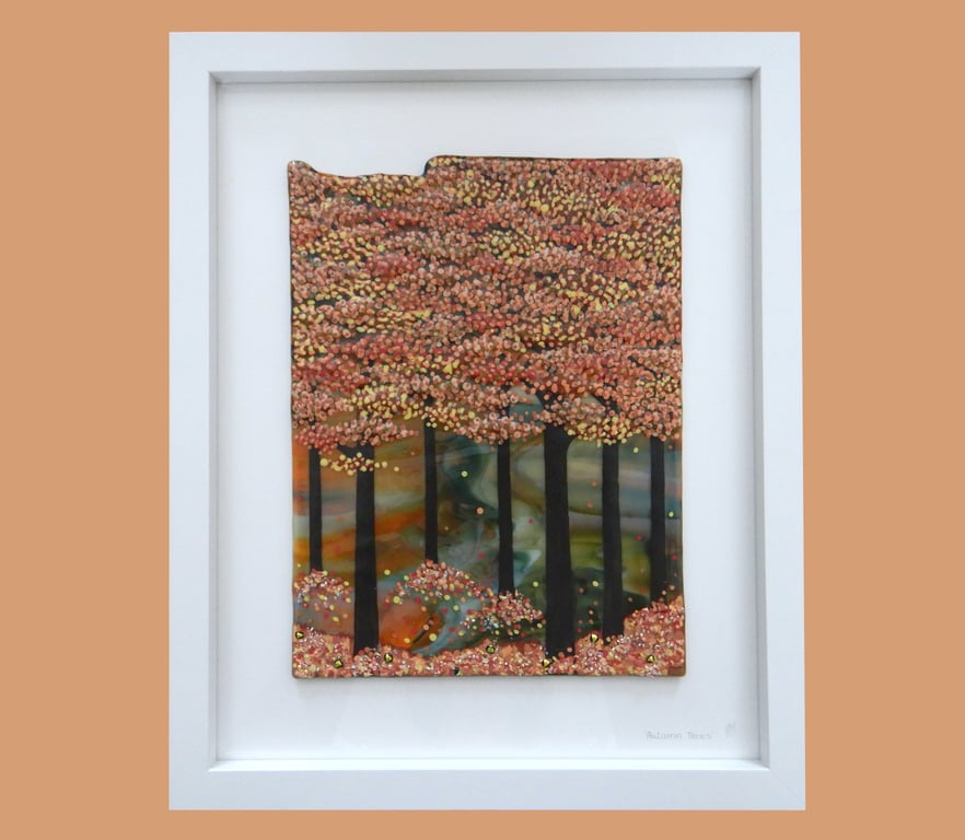 HANDMADE FUSED GLASS 'AUTUMN TREES' PICTURE.