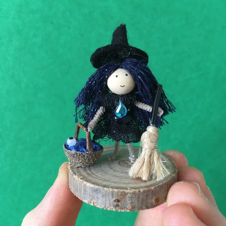 Very Tiny Blue Witch Decoration, Witch Doll Ornaments