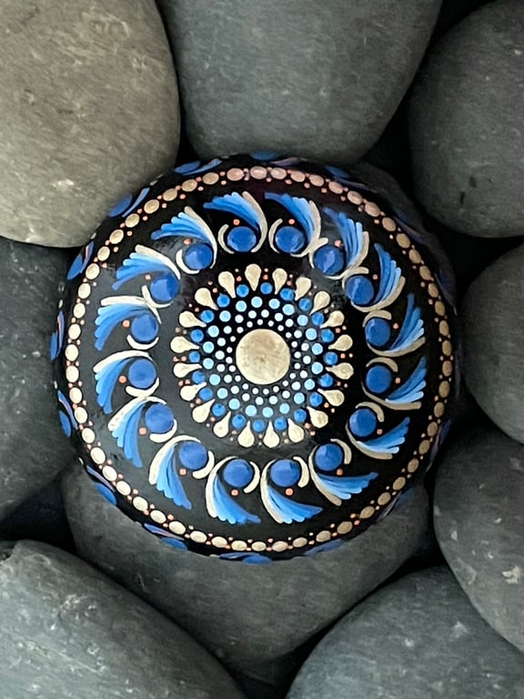 Blue Gold Mandala Painted Rock Art Stone Acrylic Painting Hand Painted Unique