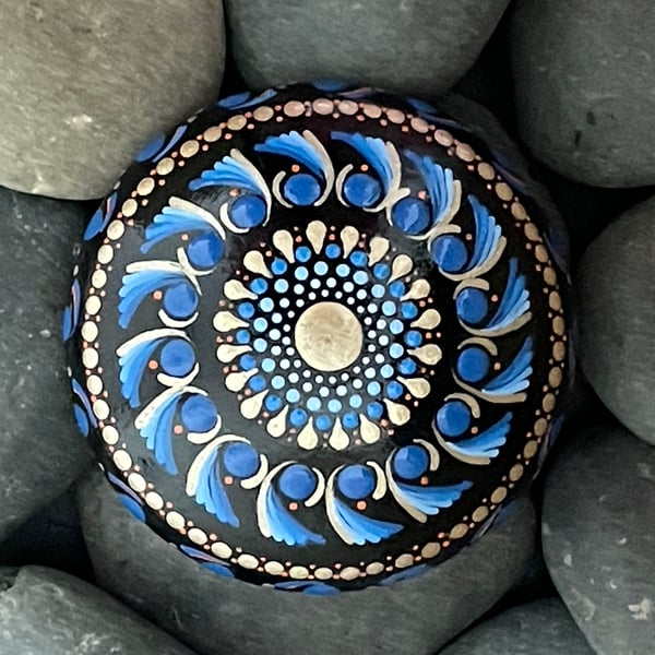 Blue Gold Mandala Painted Rock Art Stone Acrylic Painting Hand Painted Unique