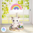 Crochet goat and rainbow sculpture. Goat ornament. Goat gift. Goat decoration.