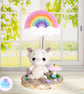Crochet goat and rainbow sculpture. Goat ornament. Goat gift. Goat decoration.