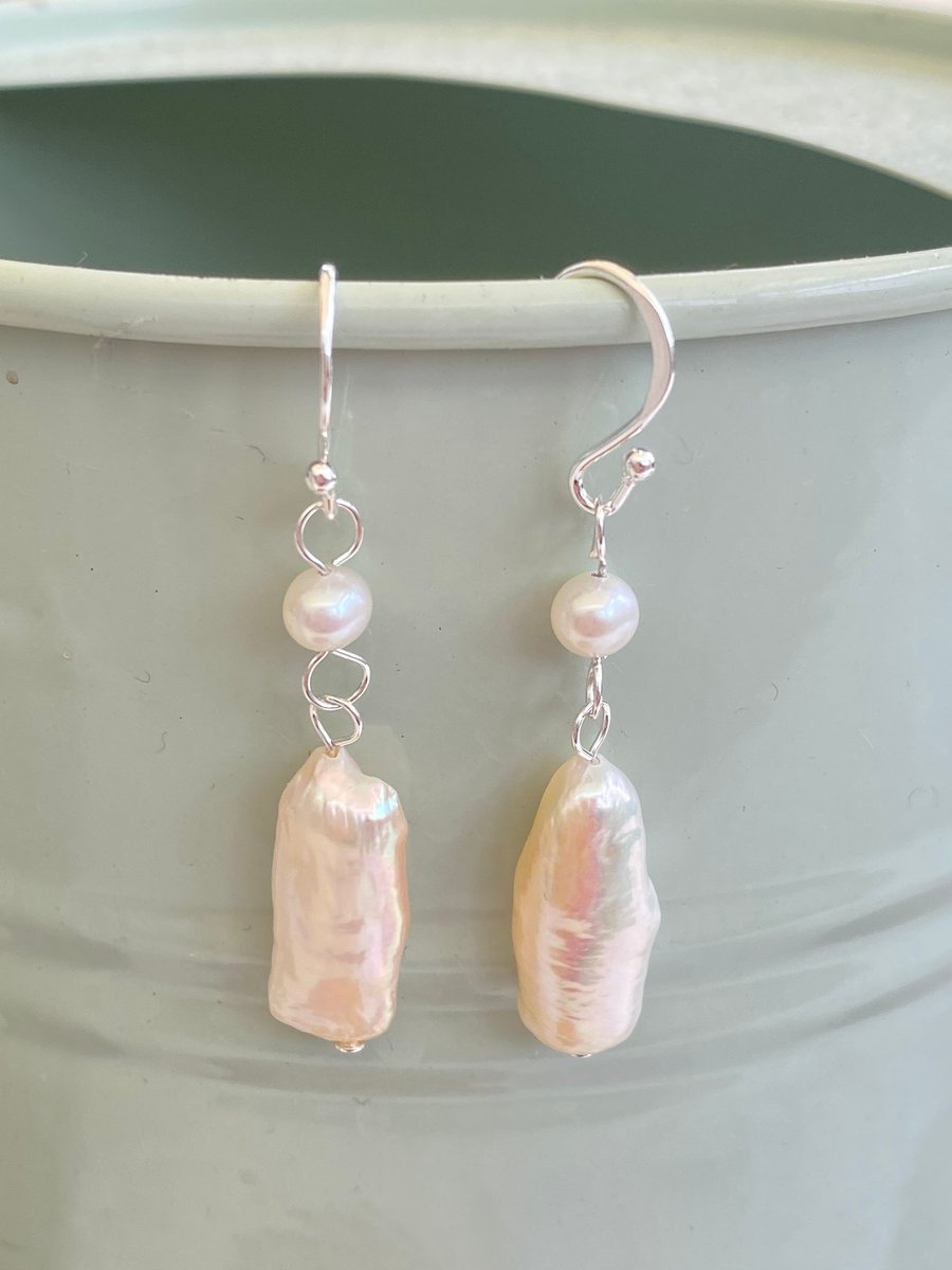 White sticky freshwater pearl dangle earrings in Sterling Silver 