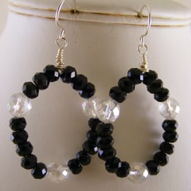 Black Agate and Clear Quartz Hoop Earrings