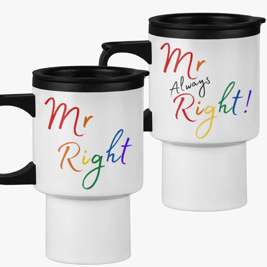 Gay Couple Set of 2 Travel Mugs - Mr Right & Mr Always Right Gay Gift
