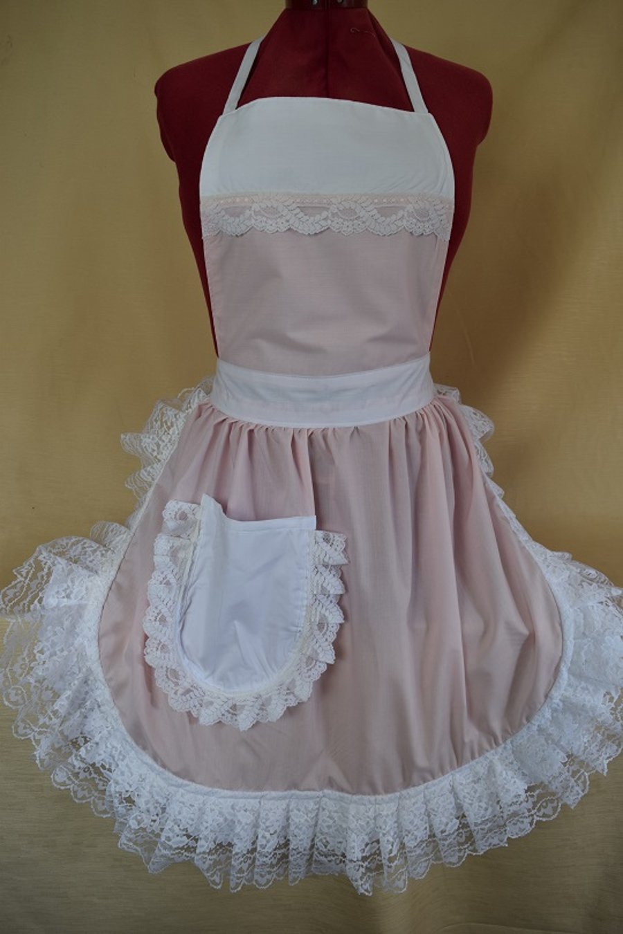 Vintage 50s Style Full Apron Pinny - Baby Pink & White with Lace Trim
