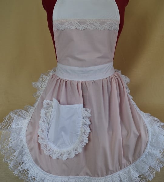 Vintage 50s Style Full Apron Pinny - Baby Pink & White with Lace Trim