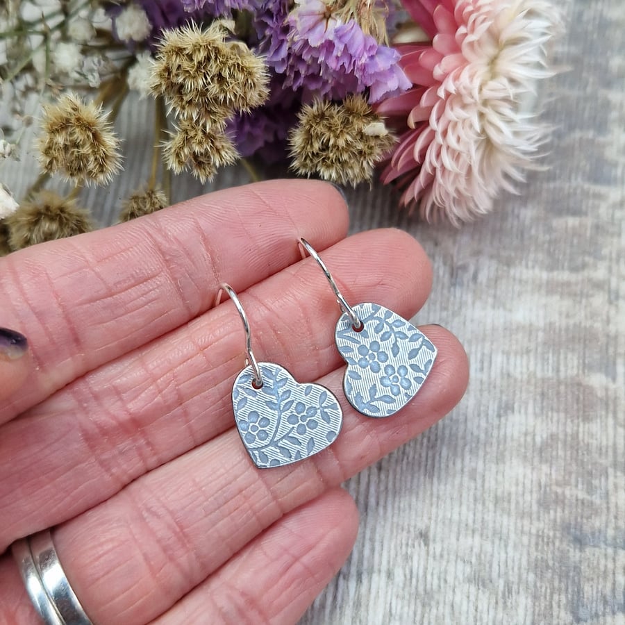 Sterling Silver Floral Patterned Heart Earrings
