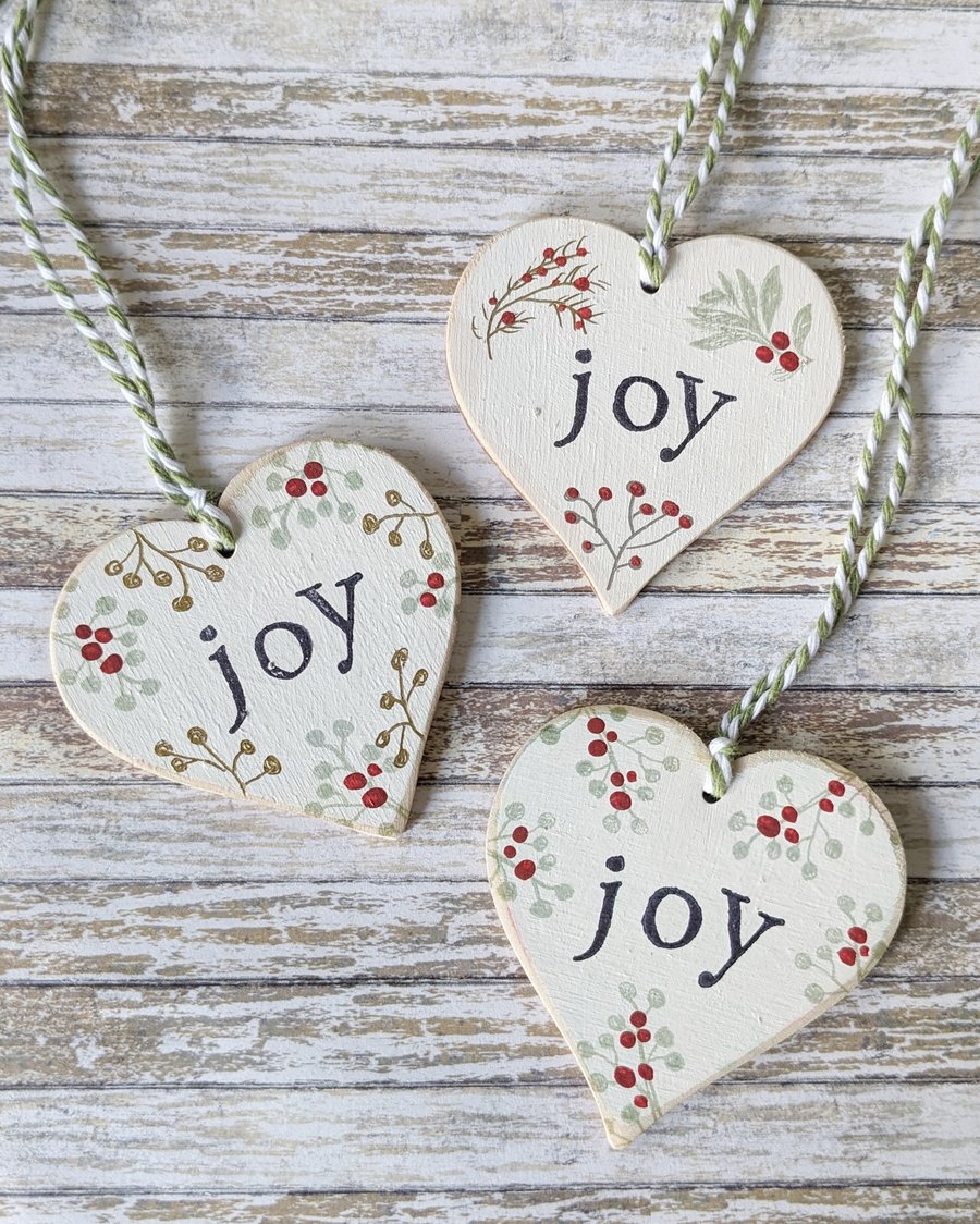 Hand Painted Wooden Heart Hanging Decoration 'Joy'