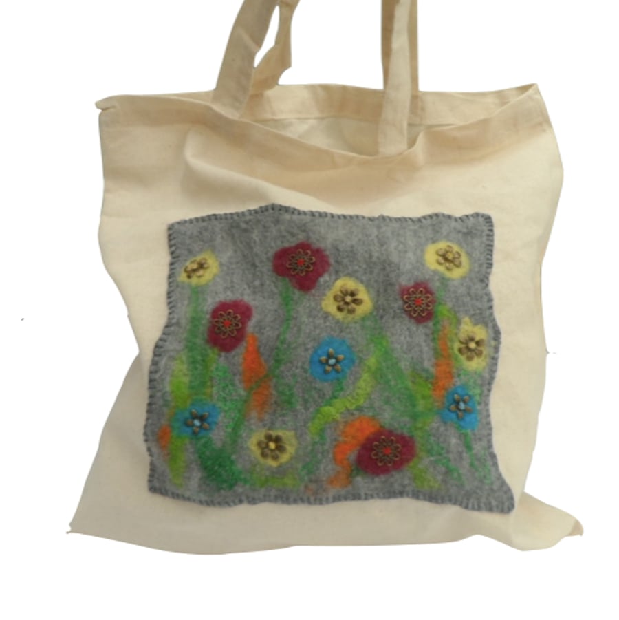 Cotton Tote Bag with hand felted and beaded floral panel