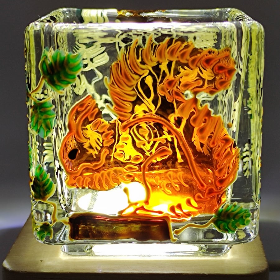 Hand painted glass candle holder, squirrel foraging in pine tree woods