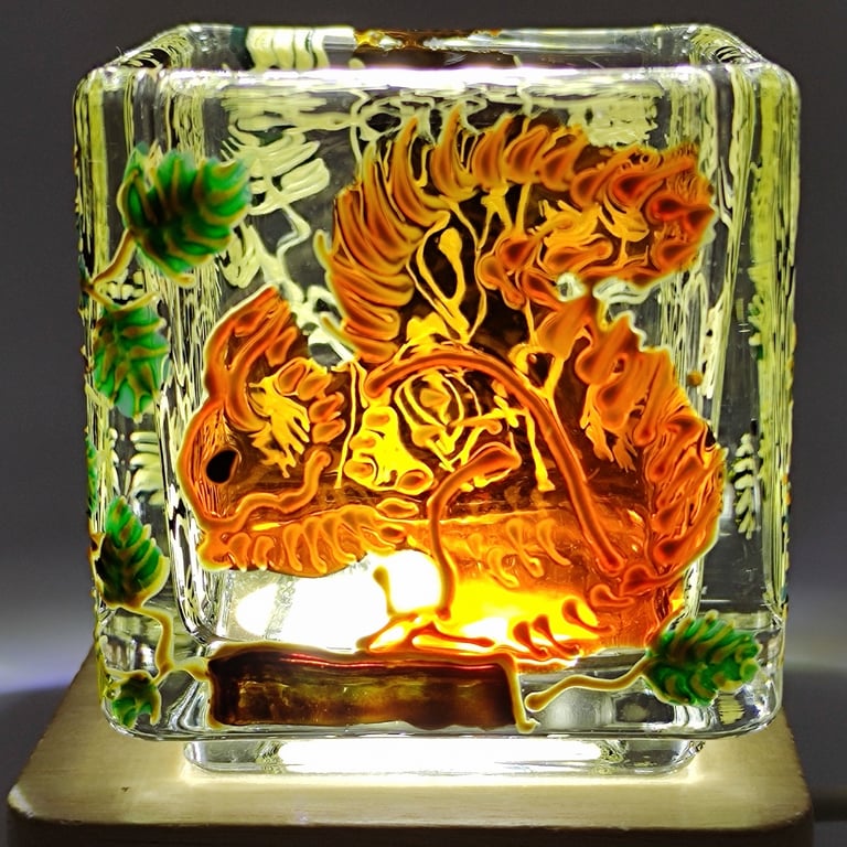 Hand painted glass candle holder, squirrel foraging in pine tree woods