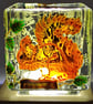 Hand painted glass candle holder, squirrel foraging in pine tree woods