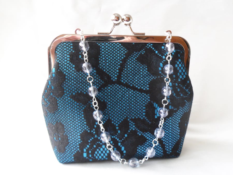 Teal and black lace evening bag