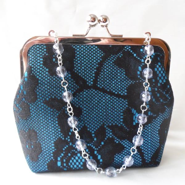 Teal and black lace evening bag