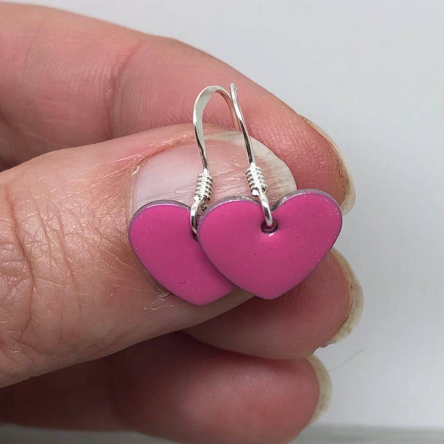 Pink enamel heart charm, sterling silver earrings 