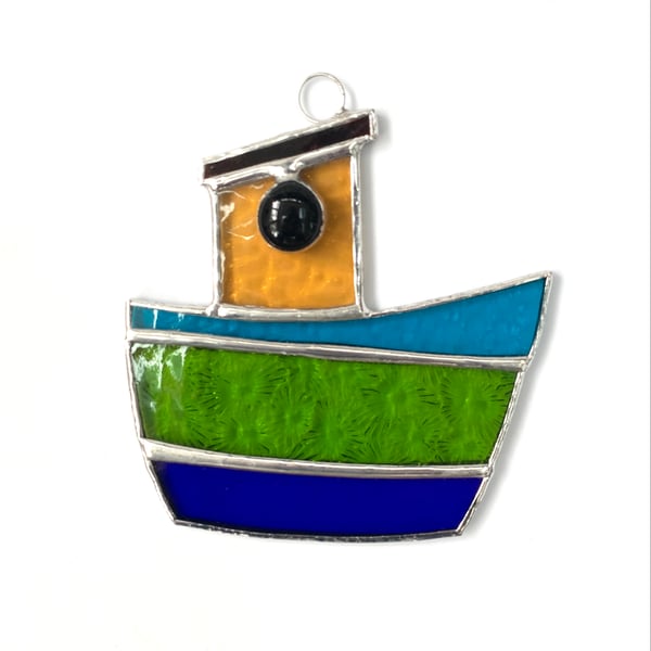 Stained Glass Tug Boat Suncatcher - Handmade Window Decoration -Turq Lime Blue