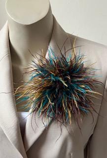 Rhapsody - Gold, Brown & Teal Mix Ostrich Feather Style Brooch - Corsage  Lapel 