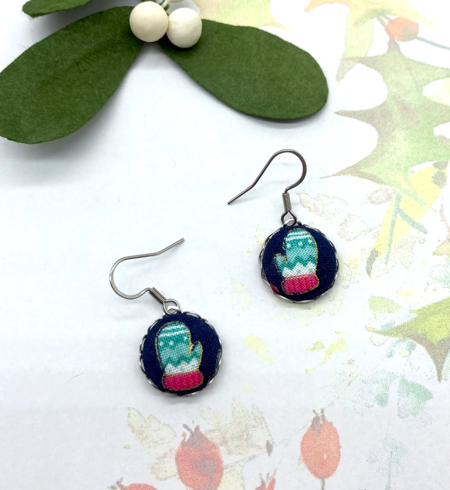 Zig zag mittens fabric button dangle earrings pink and aqua winter gifts