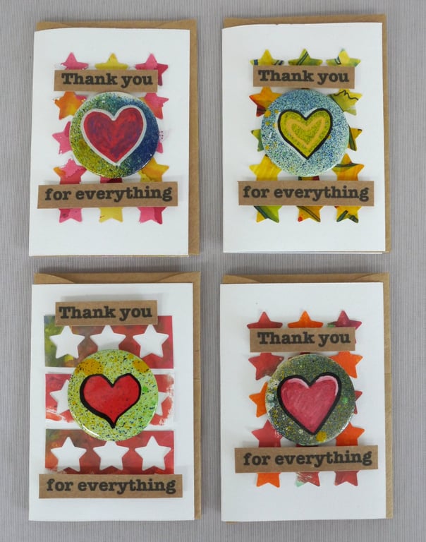 4 x Badges, Heart Badges, Badge Cards, Thank You Cards, Keepsake Cards
