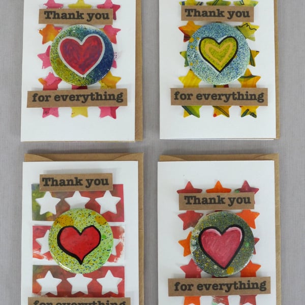 4 x Badges, Heart Badges, Badge Cards, Thank You Cards, Keepsake Cards