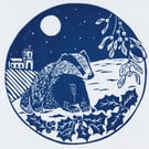 Badger Christmas card- Handprinted