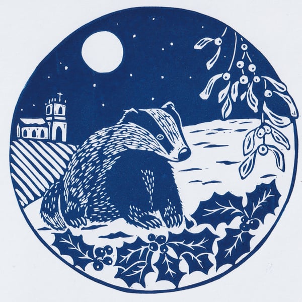 Badger Christmas card- Handprinted