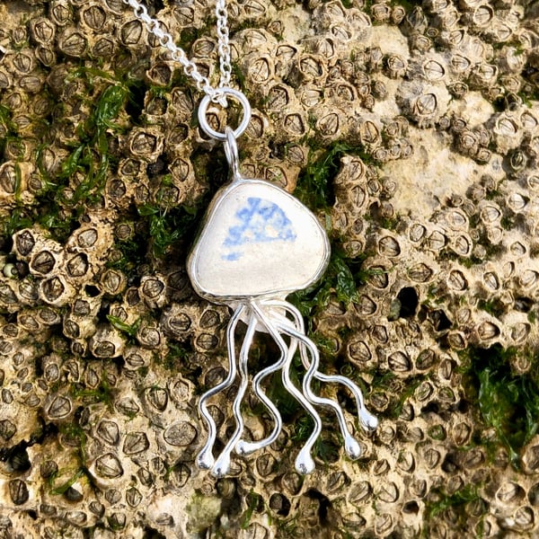 Sea Pottery and Sterling SIlver Jellyfish Pendant Necklace