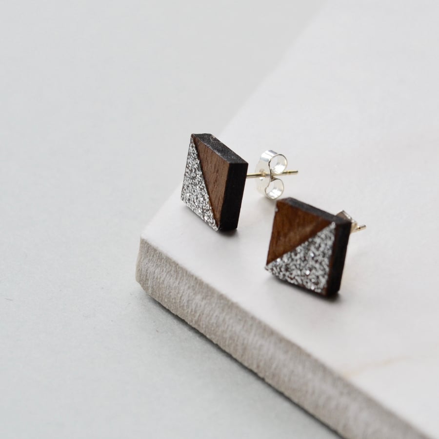 Wooden Square Ear Studs with Silver Glitter