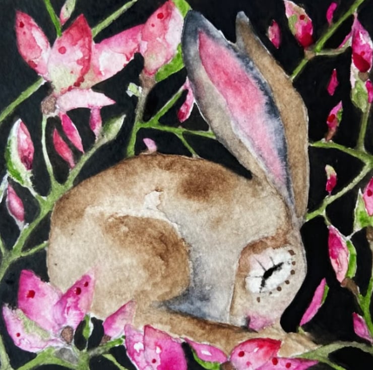 Original Whimsical Resting Hare Rabbit with Pink Flowers Watercolour Wall Art