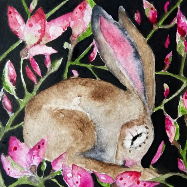 Original Whimsical Resting Hare Rabbit with Pink Flowers Watercolour Wall Art