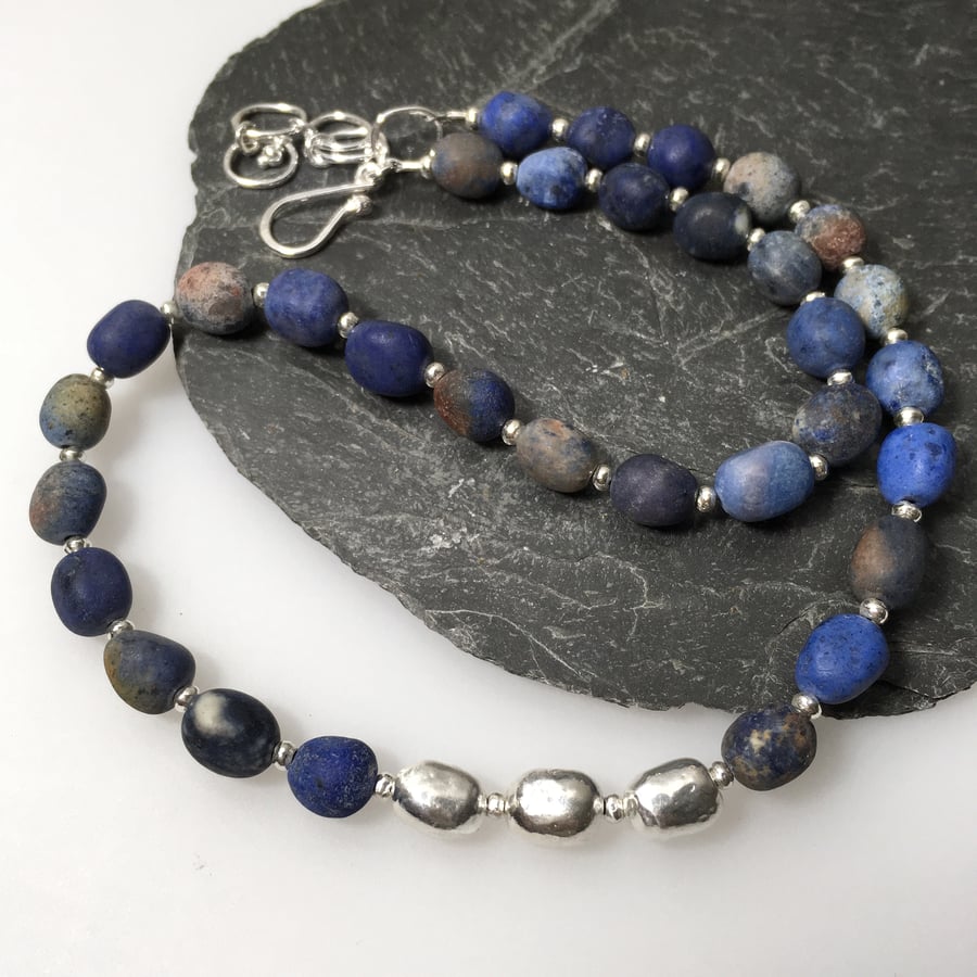 Dumortierite and silver bead necklace