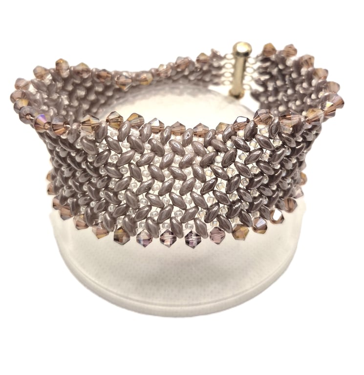 Purple herringbone style bracelet with superduo beads and Swarovski crystals