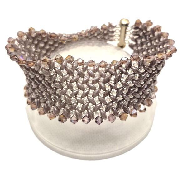 Purple herringbone style bracelet with superduo beads and Swarovski crystals