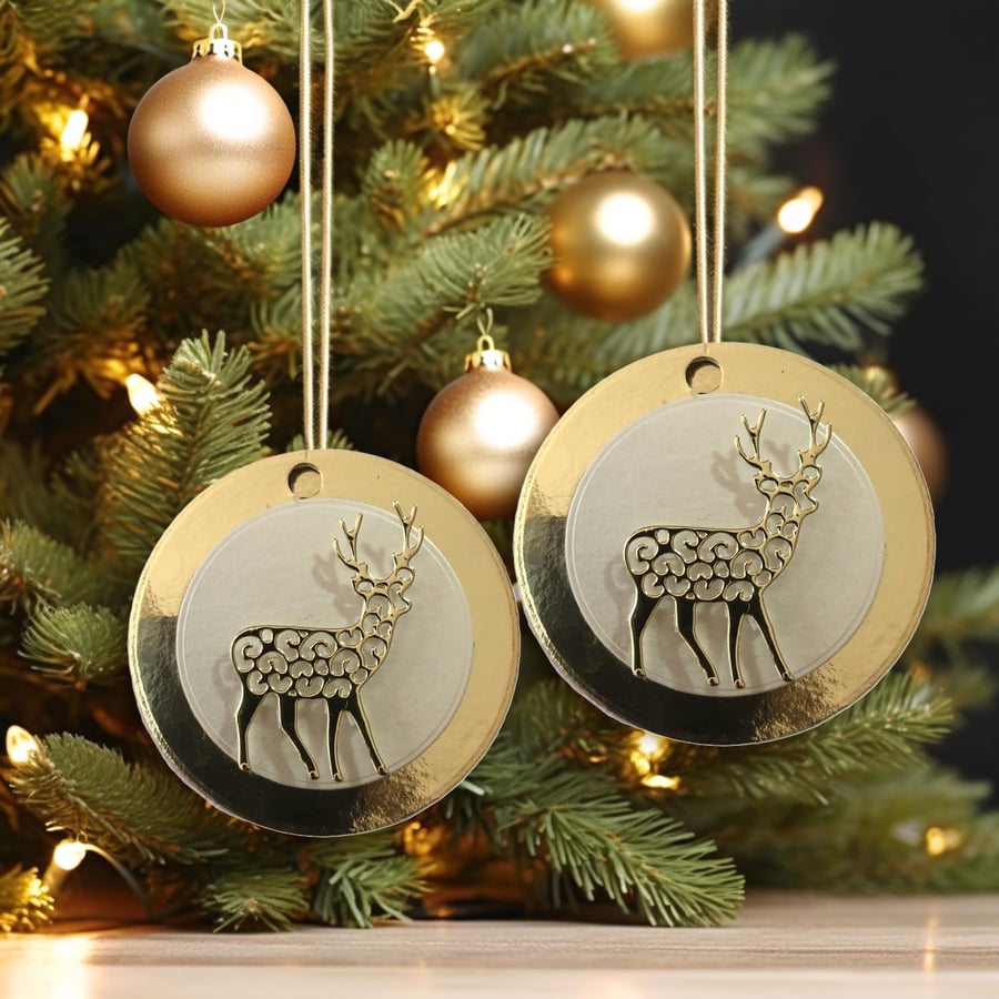Handmade Gold Reindeer Christmas Ornament, Elegant Tree Decor