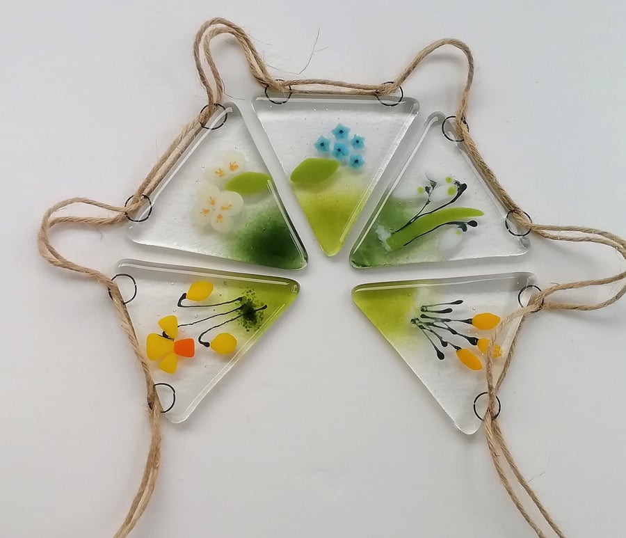 Spring flower bunting, fused glass garland, patio decoration, wall decor, suncat