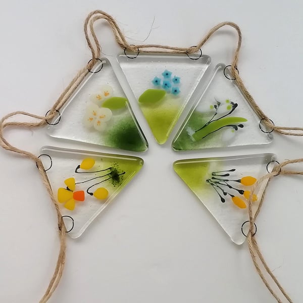Spring flower bunting, fused glass garland, patio decoration, wall decor, suncat