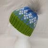 Flowers Bobble Hat with Faux Fur Pompom. Spring Flowers Hat. Apple green Brim.