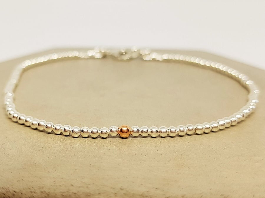 9ct Rose Gold Bracelet, Sterling Silver Bead Bracelet, Gold and Silver Bracelet,