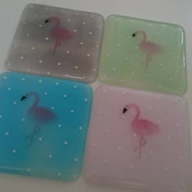 Fused Glass Flamingo Coasters, spots, turquoise, mint, pink and grey set of 4