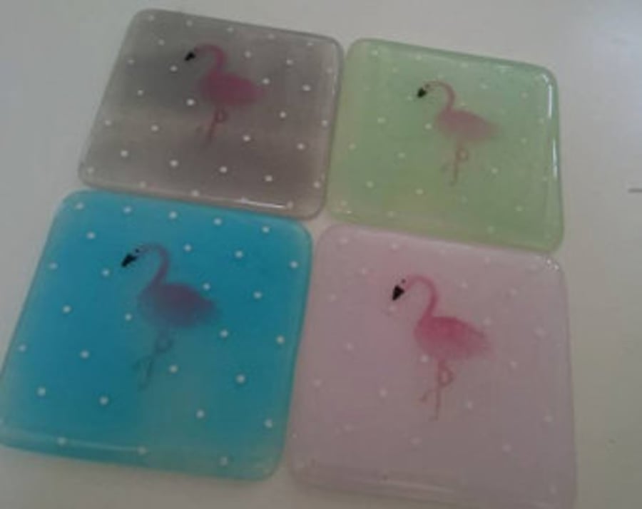 Fused Glass Flamingo Coasters, spots, turquoise, mint, pink and grey set of 4